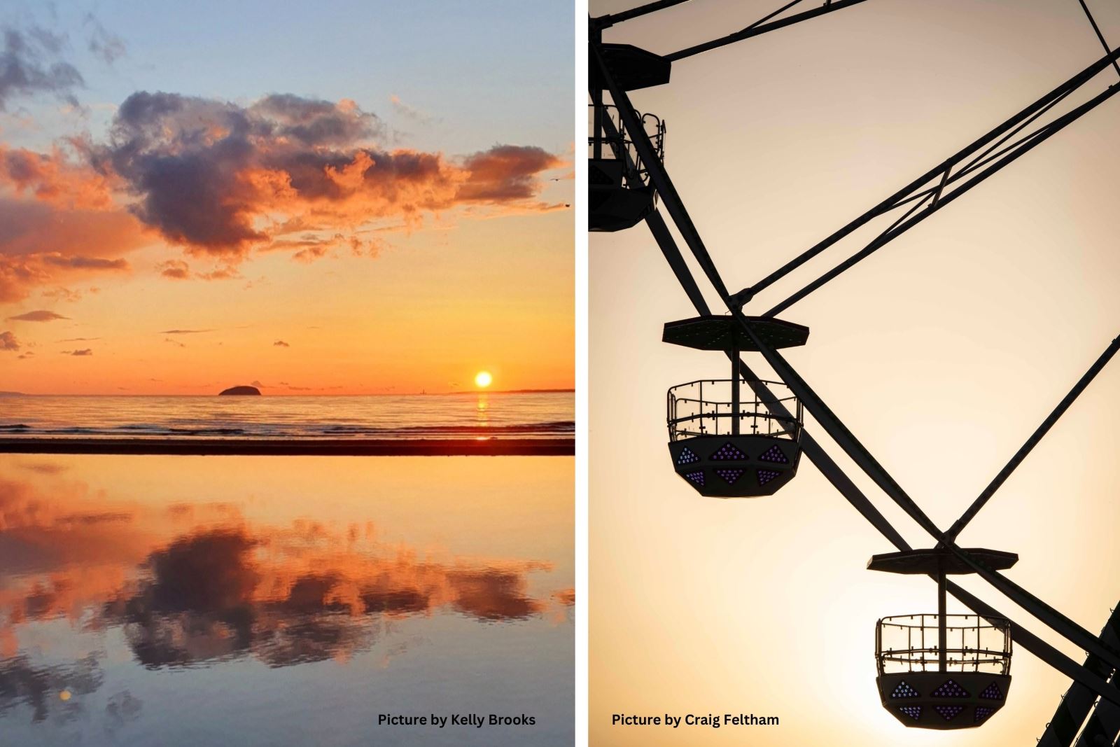 Two sunsets in Weston-super-Mare: One a mirror image of the sunset out at sea reflected in the wet sand and the other a silhouette of a ferris wheel in Weston-super-Mare